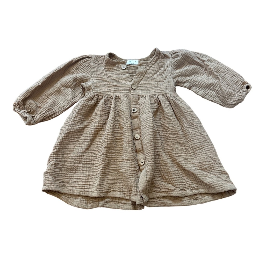 Mila Organic Cotton Gauze Dress Kids‎ Tan Brown Boho Button Front SIZE 2/3Y